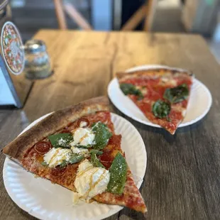 Pepperoni Special (House Favorite) Pie (front) and Margherita Pie (back)
