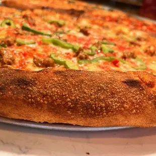 a closeup of a pizza