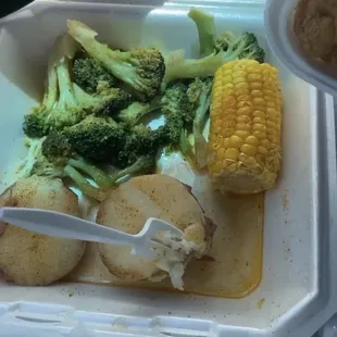 Steamed Broccoli, Corn &amp; Potatoes. Lightly Seasoned