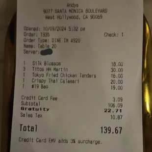 Our bill with a little surprise at the end