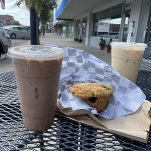 Lattes and Blueberry Muffin