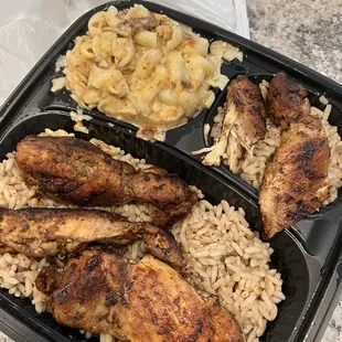 Jerk chicken, jerk Mac and rice and peas
