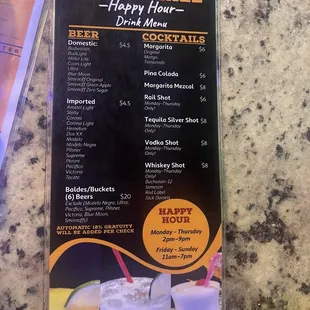 Happy Hour drink menu