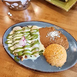 Delicious Gluten Free Chicken and Spinach Enchiladas with Spanish Rice and Refried Beans