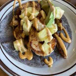 Hawaiian taco on blue tortilla