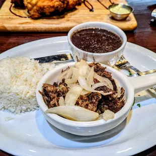 Vaca Frita with a side of beans and white rice &amp; extra onions