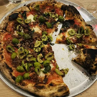 margarita pizza with sausage and green olives