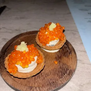 TROUT ROE TART scallion cream cheese, fresh wasabi