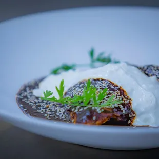 Oaxacan Chicken Mole; free-range chicken in a rich, flavorful mole sauce. Served with queso fresco, sour cream, sesame seeds, rice, beans.