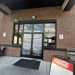 the entrance to a restaurant