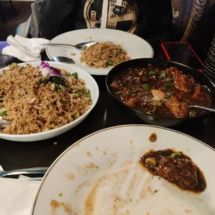 Fried rice (left), chilli paneer (right)