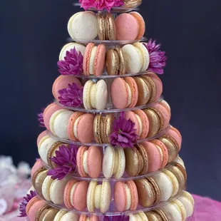Macaron Tower for a Baby Shower. Pink, White and Gold colors.