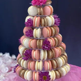 Macaron Tower for a Baby Shower.  Pink, white and gold theme. So pretty