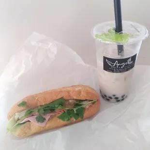 3 meat combo sandwich with oolong milk tea