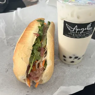 Bbq pork banh mi and Jasmine Green Milk Tea