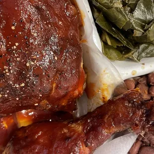 BBQ Chicken Plate, Collard Greens, Red Beans &amp; Rice