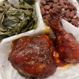 Bbq Chicken, Greens, Red Beans and Rice