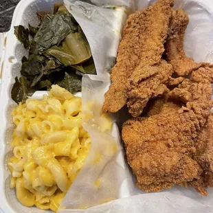 Fried Catfish, Greens, Mac N Cheese