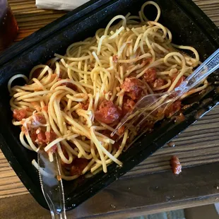 Where&apos;s the sauce? This takeaway spaghetti with marinara sauce was bone dry.