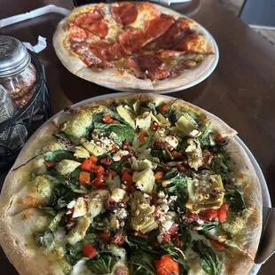 Mediterranean and pepperoni pizza