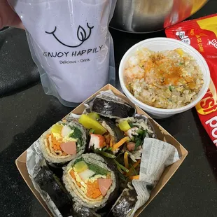 Ube milkshake, kimbap, shrimp fried rice sample!