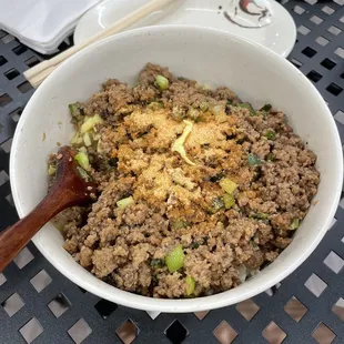 Bulgogi cupbop. Not your traditional bulgogi, but a healthier fusion Korean dish! Generous portions and flavor is delicious.