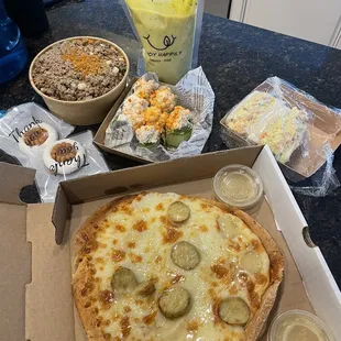 Kabocha (Japanese pumpkin) milkshake, bulgogi cupbop, tuna cucumber roll, egg potato sandwich, sweet potato pizza, special cookies!