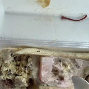 Banana split with plastic in it