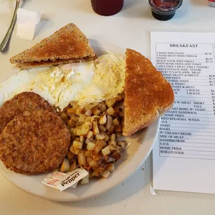 Eggs,  sausage, toast and home fries