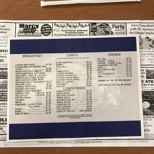 a menu for breakfast