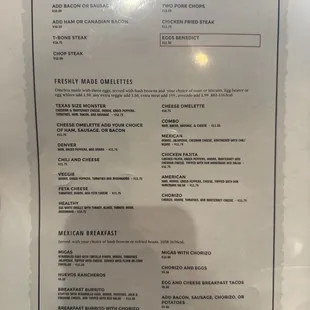 Breakfast, combos, freshly made omelettes and Mexican breakfast.