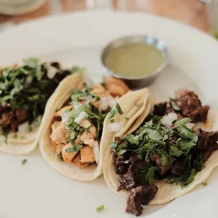 Taco Al Pastor, chicken taco, steak taco