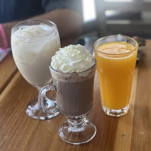 Horchata, hot chocolate, and orange juice