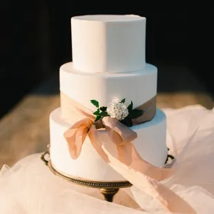 a white wedding cake on a table