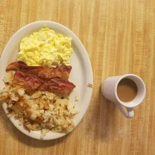 bacon, eggs, hash browns and coffee