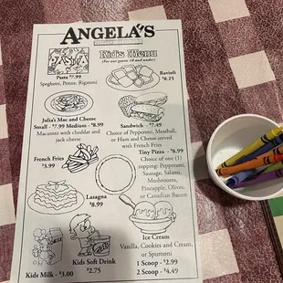 Kids menu with lots of crayons