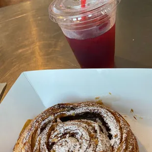 Hibiscus Mint tea and a warm, buttery, flaky cinnamon roll. Sooo good!