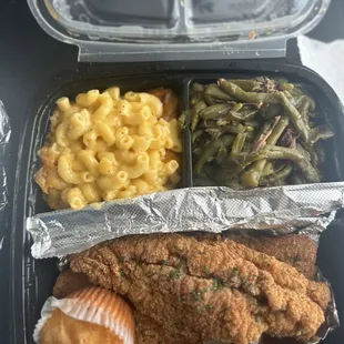 Fried catfish, Mac &amp; cheese, and string beans with a side of cornbread.