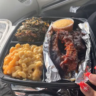 BBQ Ribs Mac and Cheese and Greens