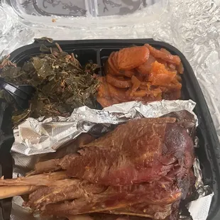 Smoked Turkey Leg greens and Candies Yams