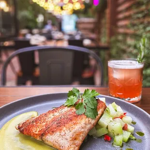 Barramundi Fish Filet served with a fresh and light Chayote Salad