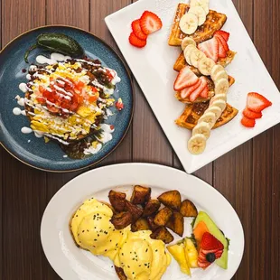 Brunch: chilaquiles, waffle, and eggs Benedict