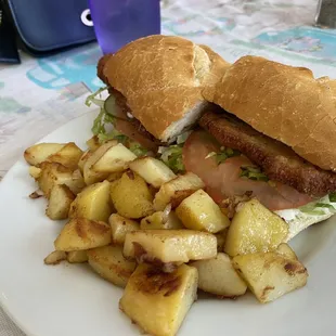 Schnitzel with fried potatoes.