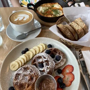 Belgian Waffles, Capuccino, baked eggs