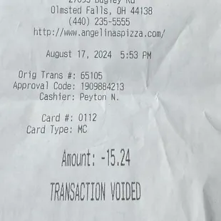 my receipt that shows the time when i left and the amount for a small pizza with 3 toppings.