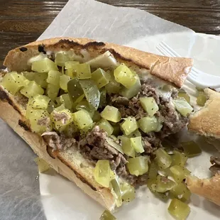 Steak &amp; cheese extra mayo, extra pickles. Salt/pepper