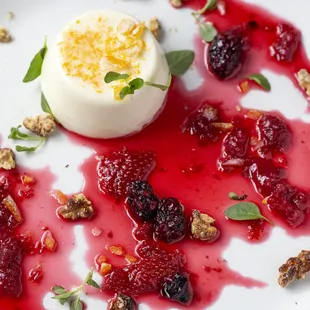 PANNA COTTA ALL'ARANCIO with fresh orange panna cotta, house made berry jam, mint, candied orange zest &amp; candied walnut