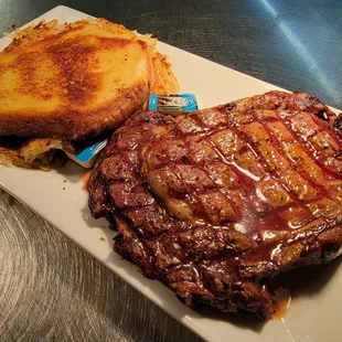 a steak and a grilled cheese sandwich