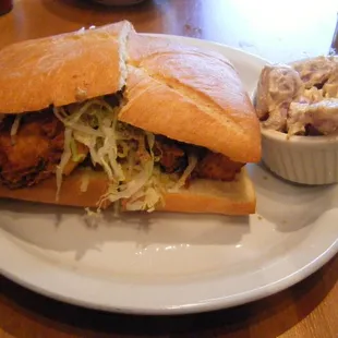 fried chicken po' boy and tater salad