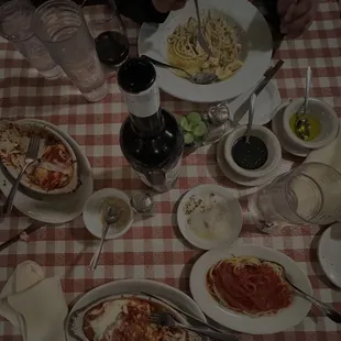 Lasagna, Chicken parmigiana with side of spaghetti, Shrimp Scampi